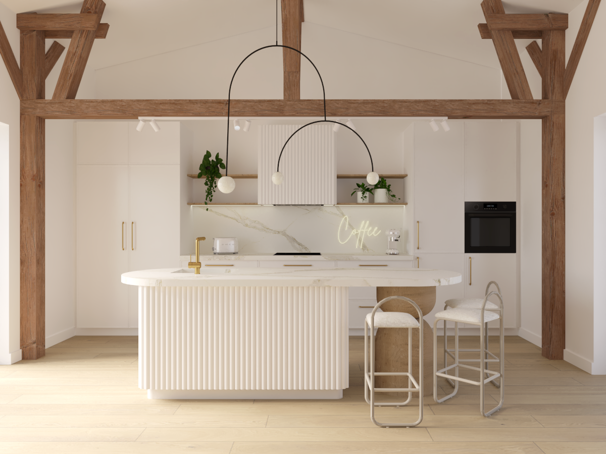 Elegancka kuchnia w stodole w odcieniu bieli lub beżu